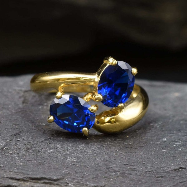 Gold Sapphire Ring, Created Sapphire, Two Stone Ring, Bypass Band, Blue Sapphire Ring, Anniversary Gift, Asymmetric Ring, Gold Vermeil Ring