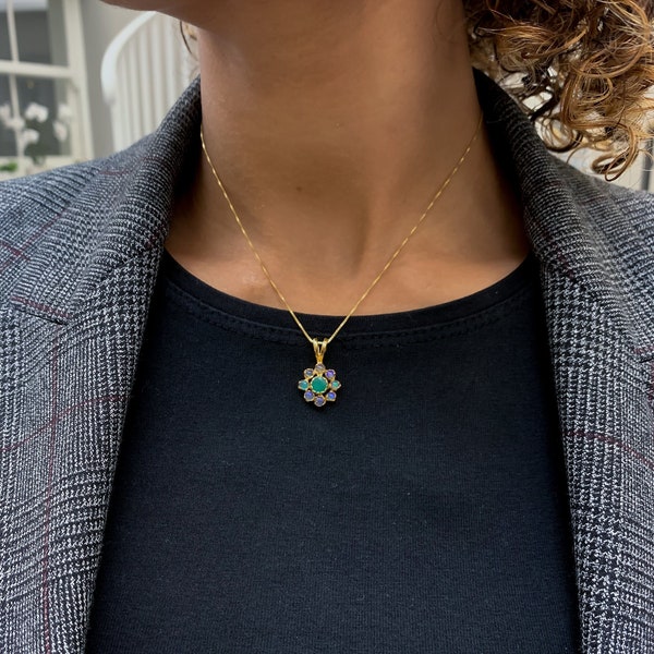 Gold Emerald Flower Pendant, Gold Opal Flower Pendant, October Birthstone, May Birthstone, Flower Pendant,18k Gold Vermeil, Adina Stone