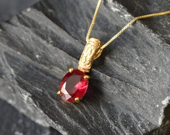 Gold Ruby Pendant, Created Ruby, Red Boho Pendant, Vintage Pendant, Ruby Necklace, Vertical Pendant, Long Red Pendant, Gold Plated Vermeil