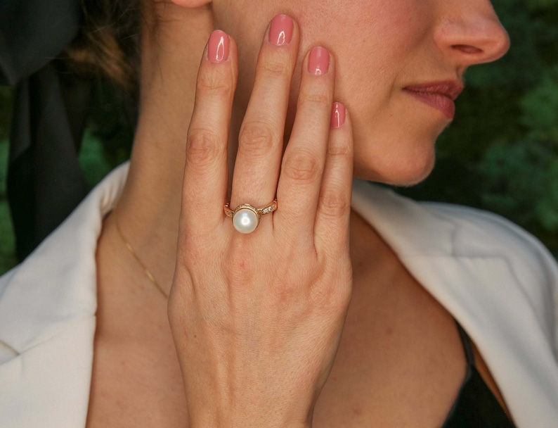 Gold Pearl Ring, Pearl Bridal Ring, Natural White Pearl, Pearl Engagement Ring, Gold Vermeil Ring, Vintage Pearl Ring, Gold Wedding Jewelry image 8