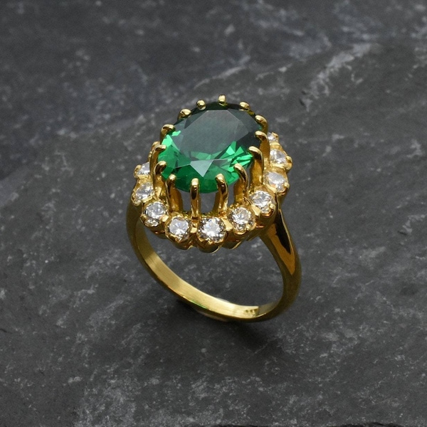 Gold Emerald Ring, Princess Diana Ring, Created Emerald, Victorian Ring, Princess Di Ring, Gold Plated Ring, Gold Antique Ring, Emerald Ring