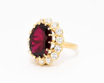 Large Ruby Ring, Created Ruby, Gold Ruby Cocktail Ring, Princess Ruby Ring, Red Statement Ring, July Birthstone Ring, Vintage Diamond Ring