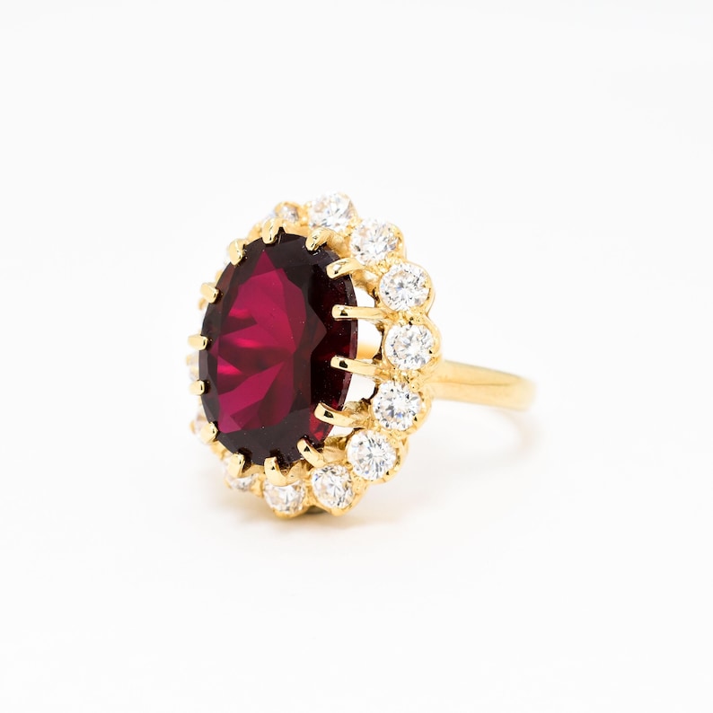 Large Ruby Ring, Created Ruby, Gold Ruby Cocktail Ring, Princess Ruby Ring, Red Statement Ring, July Birthstone Ring, Vintage Diamond Ring