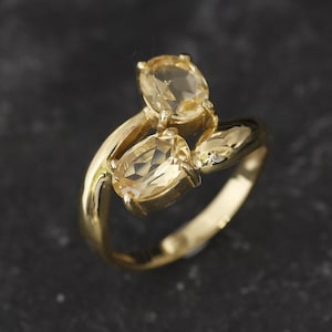 Gold Citrine Ring, Natural Citrine, November Birthstone, 2 Stone Ring, Yellow Ring, Unique Ring, Yellow Diamond Ring, Vermeil Ring, Citrine