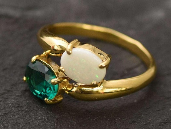 Gold Bypass Ring, Natural Opal Ring, Created Emerald, Gold Plated Ring, October Birthstone, Two Stone Ring, Asymmetric Ring, Vermeil Ring