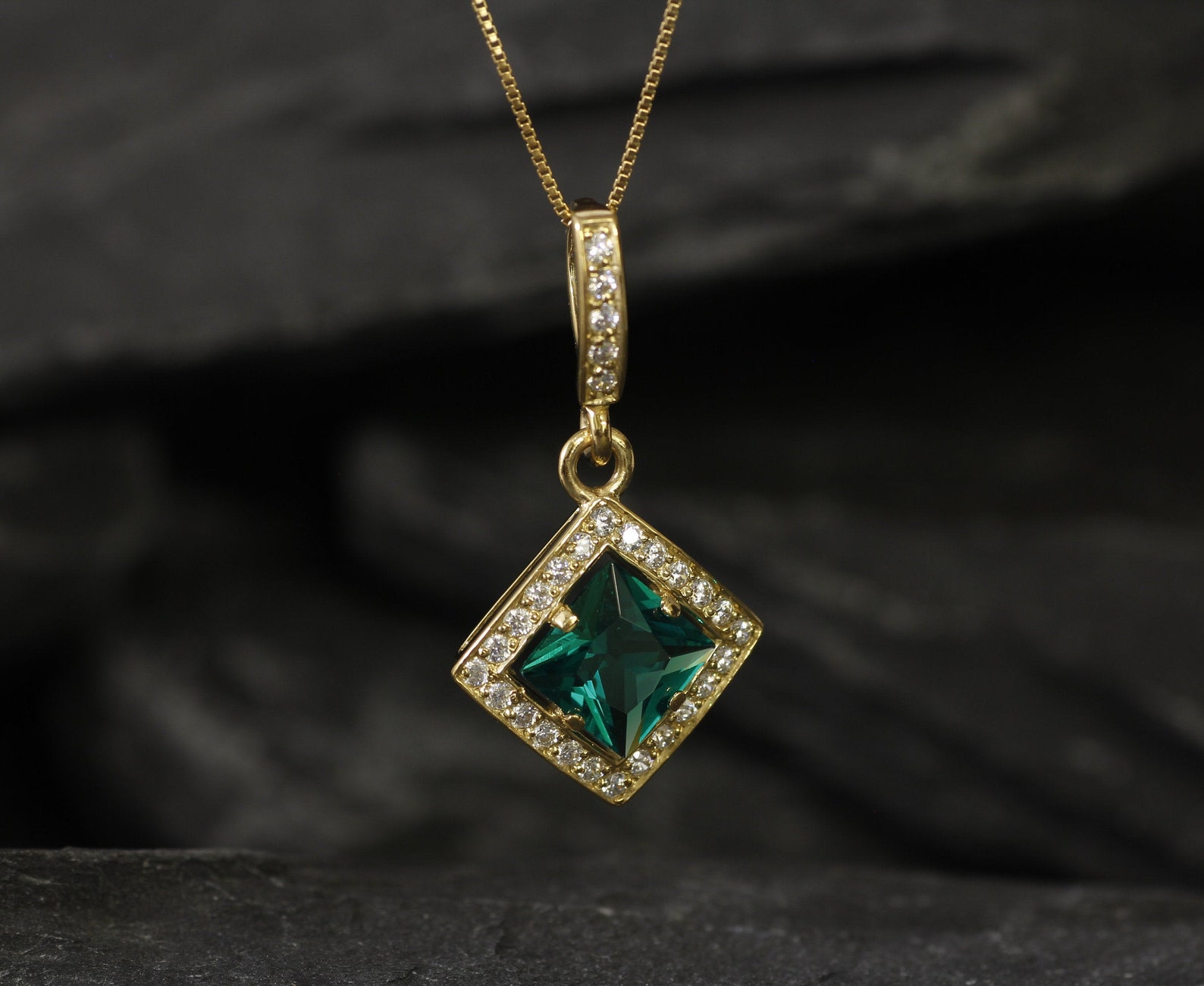 Gold Emerald Pendant Created Emerald Green Square Pendant Etsy