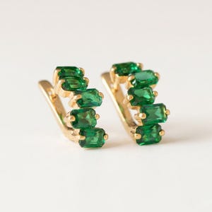 Gold Emerald Earrings, Created Emerald, Gold Baguette Earrings, Gold Half Hoops, Gold Green Earrings, Emerald Earrings, Vermeil Earrings