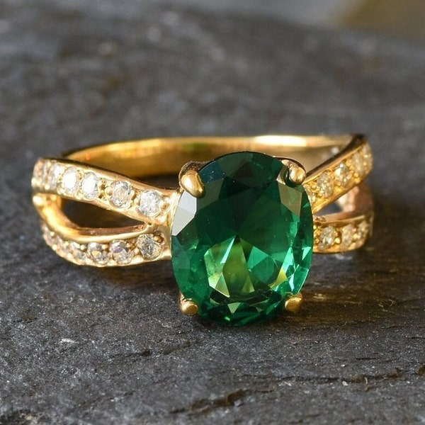 Gold Emerald Ring, Created Emerald Ring, Gold Vintage Ring, Gold Engagement Ring, Promise Ring, Green Ring, 18K Gold Vermeil, 3 Carat Ring