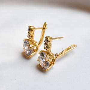 Gold CZ Earrings, Diamond Earrings, 2 carat Diamond, Created Diamond, Bridal Diamond Earrings, Bridal Earrings, CZ Diamonds, Solid Silver image 3