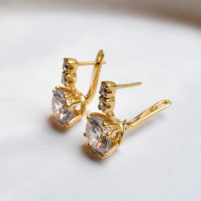 Gold CZ Earrings, Diamond Earrings, 2 carat Diamond, Created Diamond, Bridal Diamond Earrings, Bridal Earrings, CZ Diamonds, Solid Silver image 3
