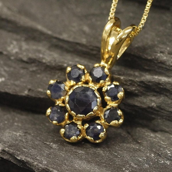 Gold Flower Pendant, Sapphire Pendant, Natural Sapphire, Blue Flower Pendant, September Birthstone, Dainty Necklace, Gold Vermeil Pendant