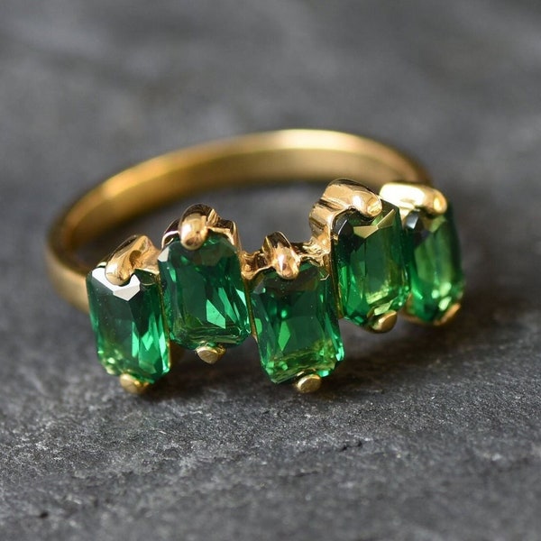 Gold Emerald Ring, Created Emerald, Emerald Ring, Gold Green Ring, Baguette Ring, Emerald Cut Ring, Half Eternity Band, Gold Vermeil Ring