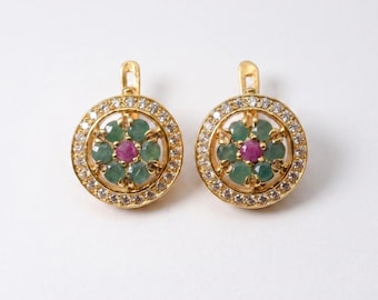 Gold Emerald Earrings, Natural Emerald, May Birthstone, Flower Earrings, Ruby Earrings, Natural Ruby, July Birthstone, Solid Silver, Emerald