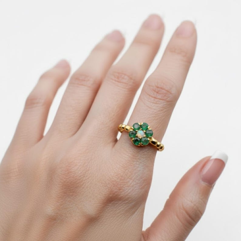 Gold Flower Ring, Natural Emerald Ring, Opal Ring, Green Daisy Ring, Gold Plated Ring, May Birthstone, Vintage Ring, Dainty Flower Ring