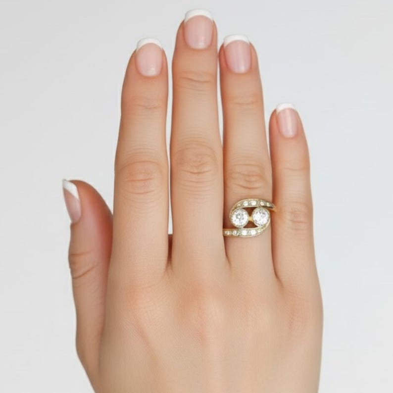 Gold Diamond Ring, Created Diamond, 2 Stone Ring, Dainty Gold Ring, Vintage Ring, Asymmetric Ring, Sparkly Ring, Solid Silver Ring, CZ Ring