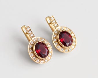 Guld Rubinörhängen, Antika Örhängen, Skapad Rubin, Vintage Örhängen, Rubinörhängen, Röda Diamantörhängen, Förgyllda Örhängen, Vermeil