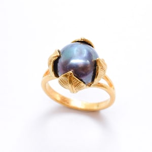 Bague en perle noire, perle naturelle, bague en or, bague ancienne, bague feuille, bague vintage, bague plaquée or, pierre de naissance de juin, bague en vermeil