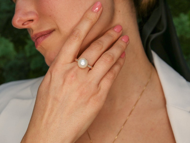 Gold Pearl Ring, Pearl Bridal Ring, Natural White Pearl, Pearl Engagement Ring, Gold Vermeil Ring, Vintage Pearl Ring, Gold Wedding Jewelry image 6