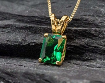 Gold Emerald Pendant, Created Emerald, Radiant Pendant, Octagon Pendant, Emerald Cut Pendant, Small Emerald Pendant, Dainty Emerald Pendant
