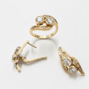 Gold Diamond Ring, Created Diamond, 2 Stone Ring, Dainty Gold Ring, Vintage Ring, Asymmetric Ring, Sparkly Ring, Solid Silver Ring, CZ Ring
