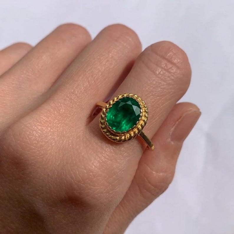 Gold Emerald Ring, Created Emerald, Antique Ring, Gold Plated Ring, Green Vintage Ring, Oval Ring, Gold Vermeil Ring, Green Emerald Ring image 6