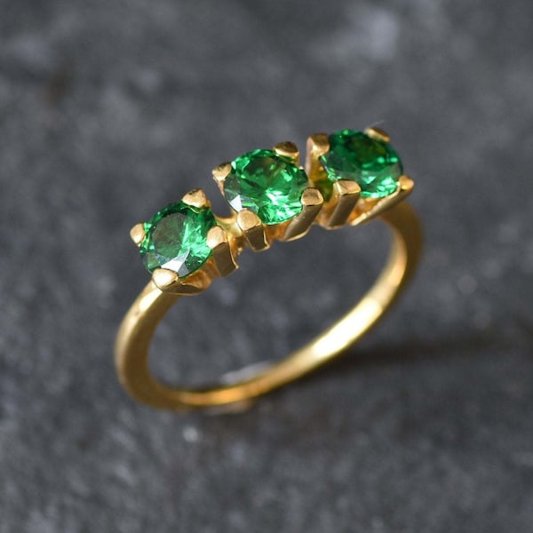 Gold Emerald Ring, Three Stone Engagement Ring, Vermeil Emerald Ring, Proposal Ring, Trilogy Ring, Created Emerald, 18K Gold Vermeil Ring