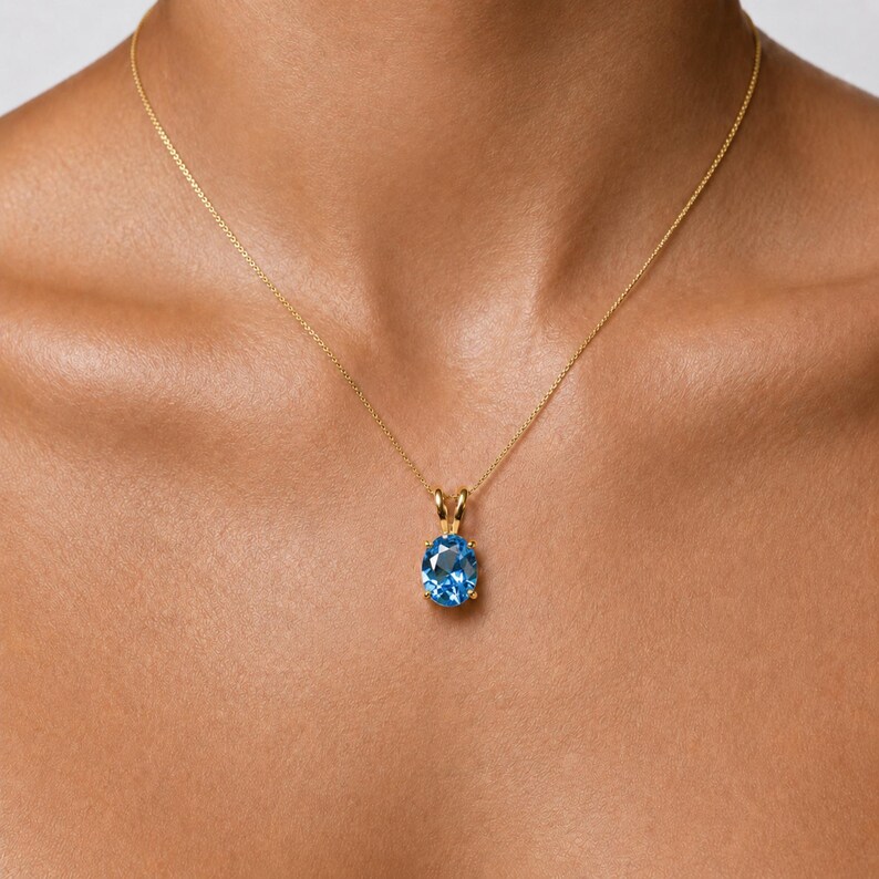 Colgante de aguamarina dorada, aguamarina creada, colgante azul agua, colgante ovalado, piedra de nacimiento de marzo, collar de oro de 18 k, oro vermeil imagen 2