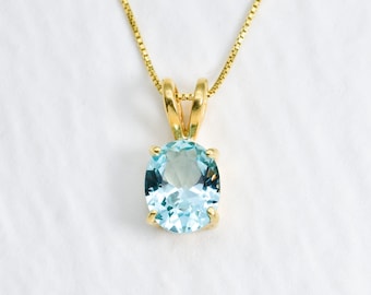ゴールドアクアペンダント、ブルーダイヤモンドペンダント、人工アクアマリン、繊細なブルーペンダント、ブルーオーバルペンダント、18Kゴールドヴェルメイユペンダント、アクアネックレス