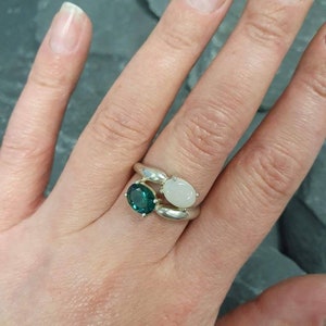 Gold Bypass Ring, Natural Opal Ring, Created Emerald, Gold Plated Ring, October Birthstone, Two Stone Ring, Asymmetric Ring, Vermeil Ring image 2