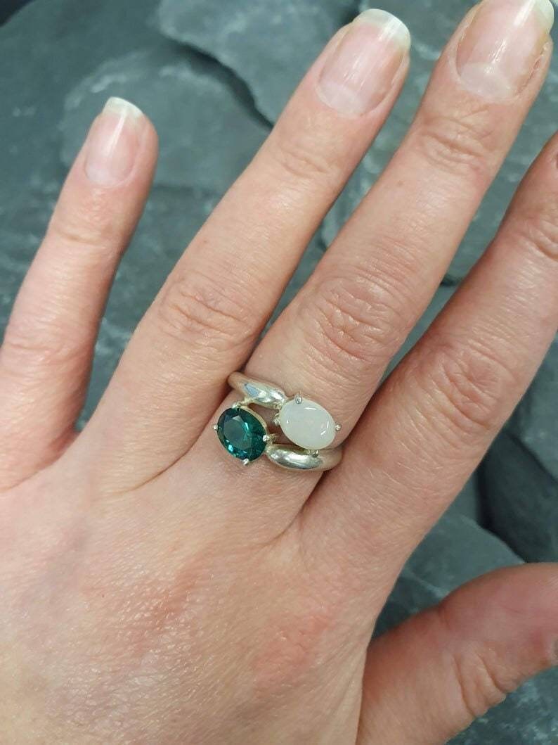 Gold Bypass Ring, Natural Opal Ring, Created Emerald, Gold Plated Ring, October Birthstone, Two Stone Ring, Asymmetric Ring, Vermeil Ring image 2
