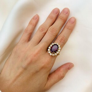 Large Ruby Ring, Created Ruby, Gold Ruby Cocktail Ring, Princess Ruby Ring, Red Statement Ring, July Birthstone Ring, Vintage Diamond Ring