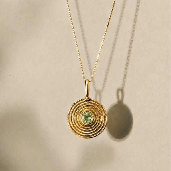 Peridot Gold Pendant Necklace, Green Peridot Spiral Necklace, Gold Coin Peridot Pendant