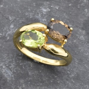 Two Stone Gold Ring, Peridot Ring, Double Birthstone Ring, Gold Bypass Ring, Smoky Topaz Ring, Couples Ring, Gold Peridot Ring, Gold Vermeil