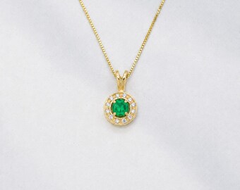 Gold Emerald Pendant, Created Emerald, Round Pendant, Dainty Green Pendant, Gold Plated Pendant, Green Small Necklace, Gold Vermeil Pendant