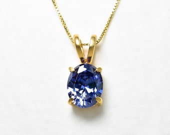 Ciondolo in tanzanite dorata, tanzanite artificiale, pietra portafortuna di dicembre, collana ovale blu, ciondolo blu classico, ciondolo in pietra blu, oro di Adina
