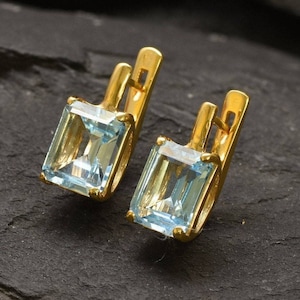 Gold Blue Topaz Earrings, Square Earrings, Natural Blue Topaz, Vintage Earrings, December Birthstone, Blue Topaz Earrings, 18K Gold Vermeil