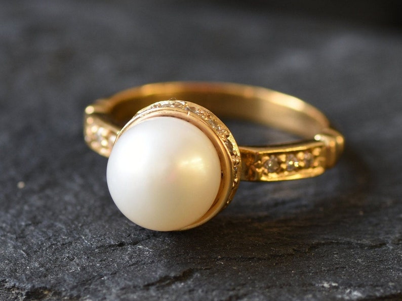 Gold Pearl Ring, Pearl Bridal Ring, Natural White Pearl, Pearl Engagement Ring, Gold Vermeil Ring, Vintage Pearl Ring, Gold Wedding Jewelry image 7