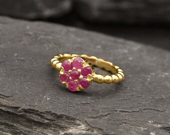 Gold Ruby Ring, Natural Ruby, Red Flower Ring, Daisy Ring, July Birthstone, Stackable Ring, Dainty Bubble Band, Gold Plated Ring, Vermeil