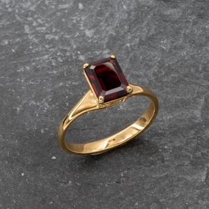 Gold Garnet Ring, Red Solitaire Ring, Natural Garnet, Promise Ring, Emerald Cut Ring, Red Engagement Ring, Gold Vermeil Ring, January Ring