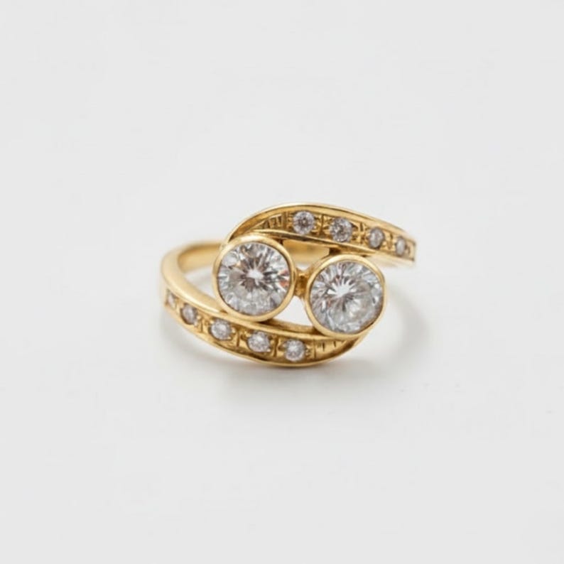 Gold Diamond Ring, Created Diamond, 2 Stone Ring, Dainty Gold Ring, Vintage Ring, Asymmetric Ring, Sparkly Ring, Solid Silver Ring, CZ Ring
