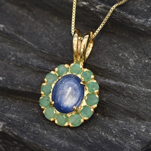 Kyanite Pendant, Gold Victorian Pendant, Gold Kyanite Pendant, Natural Kyanite, Natural Emerald, May Birthstone, Kyanite Necklace, 18K Gold image 1