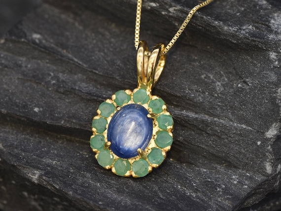 Kyanite Pendant, Gold Victorian Pendant, Gold Kyanite Pendant, Natural Kyanite, Natural Emerald, May Birthstone, Kyanite Necklace, 18K Gold