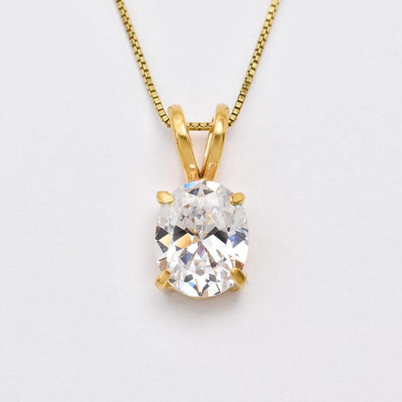 Gold Diamond Pendant, Created CZ Diamond, Sparkly Necklace, Clear Oval Pendant, Dainty necklace, Gold Plated Pendant, Gold Vermeil Necklace