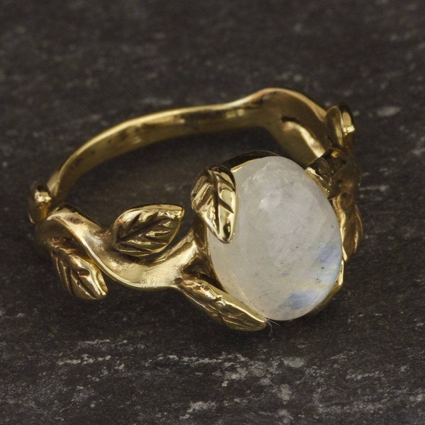 Gold Moonstone Ring, Rainbow Moonstone, Vintage Ring, Gold Leaf Ring, June Birthstone, Gold Antique Ring, Gold Plated Ring, Proposal Ring