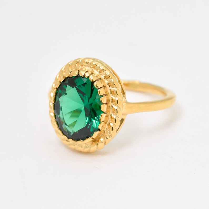 Gold Emerald Ring, Created Emerald, Antique Ring, Gold Plated Ring, Green Vintage Ring, Oval Ring, Gold Vermeil Ring, Green Emerald Ring image 3