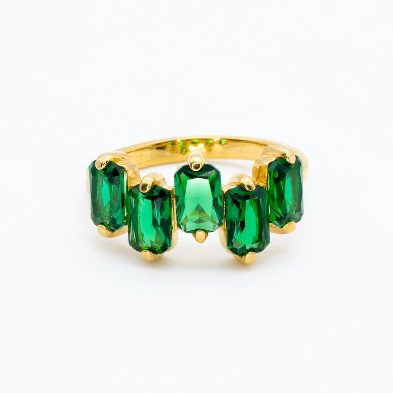 Gold Emerald Ring, Created Emerald, Emerald Ring, Gold Green Ring, Baguette Ring, Emerald Cut Ring, Half Eternity Band, Gold Vermeil Ring