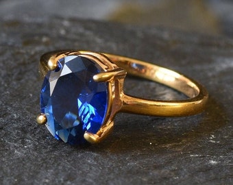 Gold Sapphire Ring, Created Sapphire, Engagement Ring, Gold Plated Ring, 3 Carat Solitaire, Promise Ring, Proposal Ring, Gold Vermeil Ring