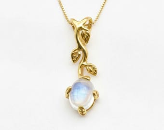 ゴールドムーンストーンペンダント、レインボームーンストーン、6月の誕生石、ゴールドリーフペンダント、フラワーペンダント、ヴィンテージペンダント、アンティークペンダント、ムーンストーン