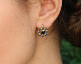 Gold Flower Earrings, Natural Sapphire, Blue Flower Earrings, Daisy Studs, Sapphire Earrings, Gold Plated Earrings, September Birthstone