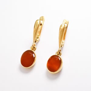 May include: A pair of gold-colored earrings with a leverback closure. Each earring features a polished, oval-shaped, reddish-orange stone set in a gold bezel. The earrings are displayed against a white background.